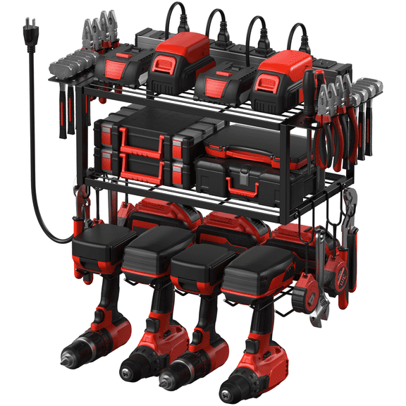 VILONG 3-Layer Power Tool Organizer Wall Mount with Charging Station,4 Drill Holders & Battery Rack for Garage & Workshop,(Black)