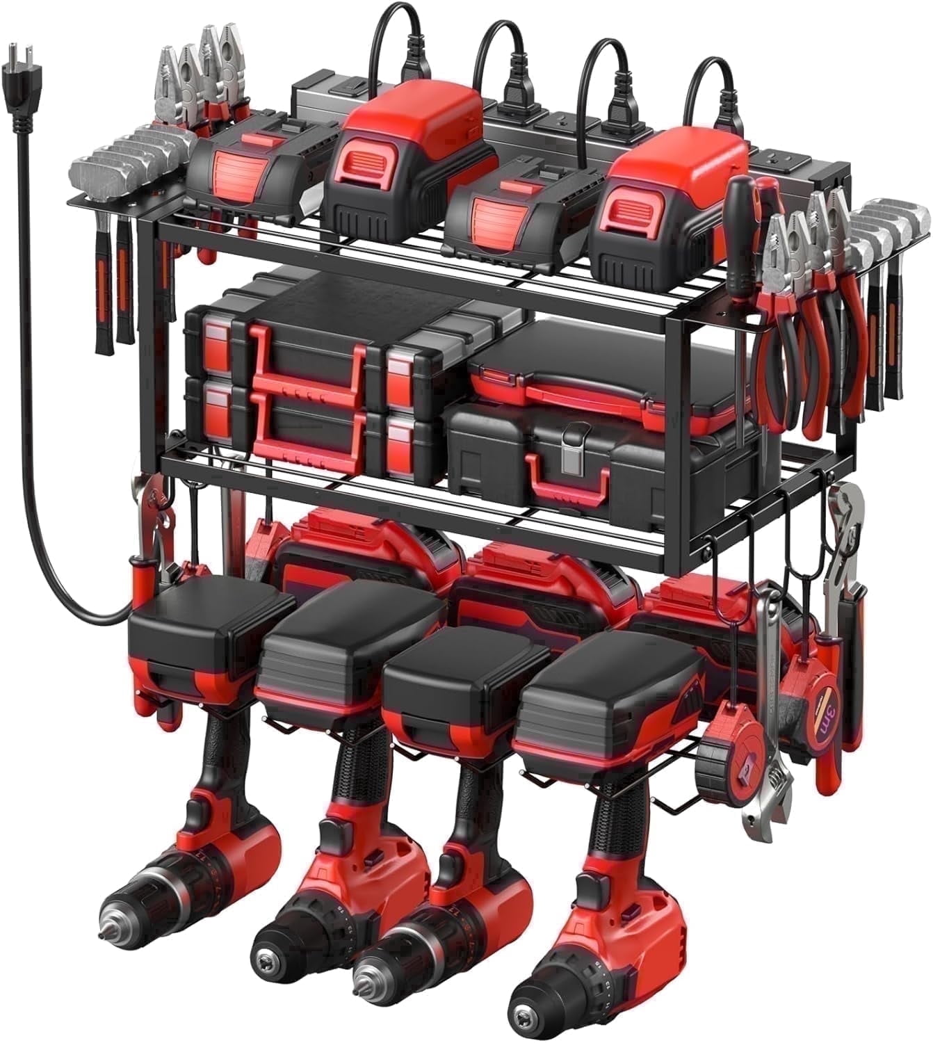 VILONG Power Tool Organizer Wall Mount with Charging Station, 100lb Capacity, 4 Drill Holders & Battery Rack for Garage & Workshop, Fathers Day Gifts for Men(Black)
