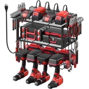 VILONG Power Tool Organizer Wall Mount with Charging Station, 100lb Capacity, 4 Drill Holders & Battery Rack for Garage & Workshop, Fathers Day Gifts for Men(Black)