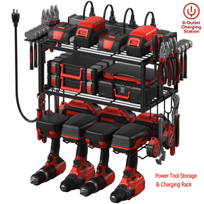 VILONG 3-Layer Power Tool Organizer Wall Mount with Charging Station,4 Drill Holders & Battery Rack for Garage & Workshop,(Black)