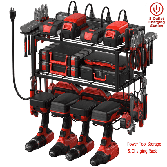 VILONG 3-Layer Power Tool Organizer Wall Mount with Charging Station,4 Drill Holders & Battery Rack for Garage & Workshop,(Black)