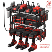 VILONG 3-Layer Power Tool Organizer Wall Mount with Charging Station,4 Drill Holders & Battery Rack for Garage & Workshop,Black