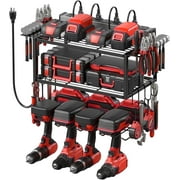 Wall Mount Power Tool Organizer with Charging- Heavy Duty Metal 3-Tier with 8-Outlet Power Strip & 4 Drill Holders for Garage | Black