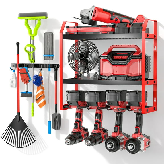 Power Tool Organizer Wall Mount with Broom Holder Combo, Red & Black 3-Tier Garage Storage Rack with Battery Storage, 4 Drill Holder Slots, Heavy Duty Steel 150LB Capacity