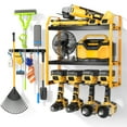 thumbnail image 1 of Power Tool Organizer Wall Mount with Broom Holder Combo, Yellow & Black 3-Tier Garage Storage Rack with Battery Storage, 4 Drill Holder Slots, Heavy Duty Steel 150LB Capacity, 1 of 10