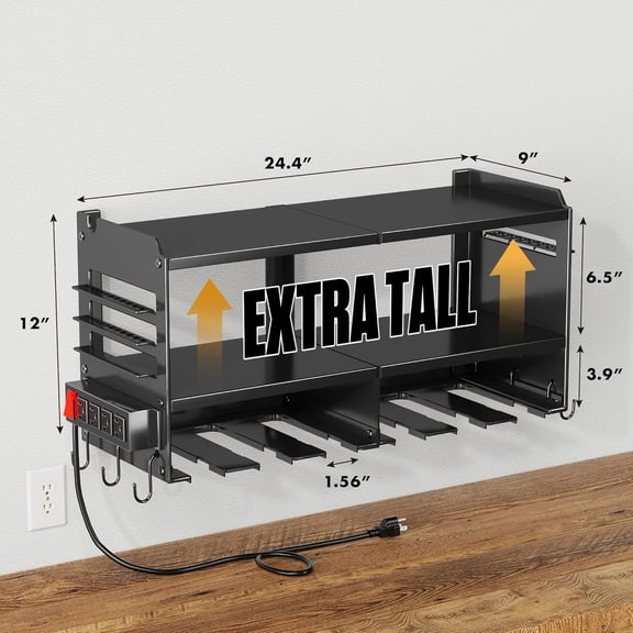 Power Tool Organizer Wall Mount with Charging Station, 3 Layer Heavy Duty Metal Tool Storage Rack Loads 420lbs with 6 Cordless Drill Holder, Idea Gift for Men, Garage Workshop