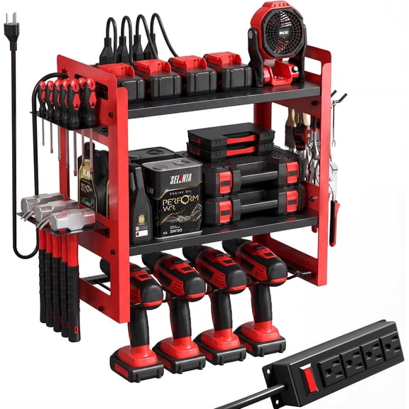 Power Tool Organizer Wall Mount with Charging Station, 3-Tier Heavy Duty Metal Tool Rack with 4 Drill Holders and 6FT Power Strip, Garage Workshop Storage.Red