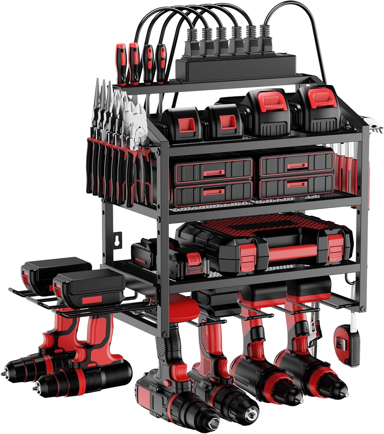 ZEAKOC 4-Layer Power Tool Organizer With Charging Station - Wall Mount Drill Holder & Garage Rack - View #2