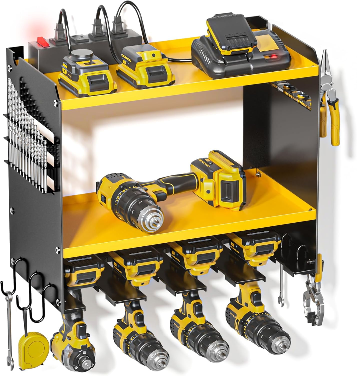 Power Tool Organizer Wall Mount with Charging Station, Tool Battery Holder with 4 Outlet Power Strip15 Min Assembly & Maximum 100lb load by Heavy Duty Metal, 4/6/8 Slots for Cordless Drill