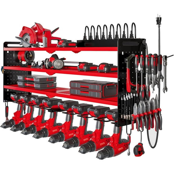Power Tool Organizer Wall Mount with Charging Station,Cordless Tool Organizer 8 Drill Holder, 4 Layer Storage Rack for Garage Organization,Tool Holder with 8 Outlet Power Strip (Red)