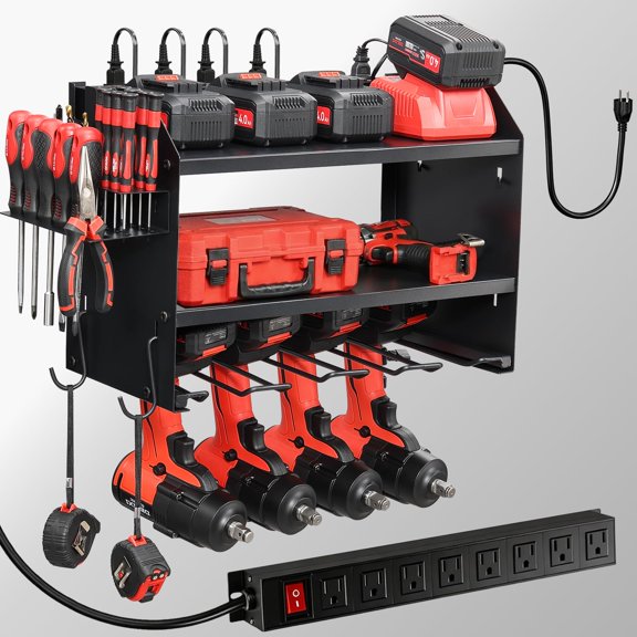 Power Tool Organizer Wall Mount with Charging Station, Duty 3 Layer Garage Tool Storage with 4 Cordless Drill Holder 8 Outlet Power Strip, Gift for Men Husband Dad Birthday Anniversary black Y101