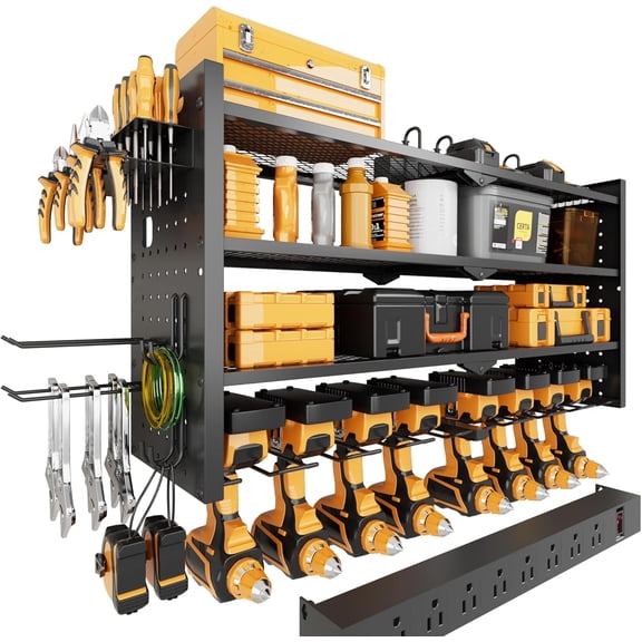 Wall Mount Power Tool Organizer with Charging Station, Heavy-Duty Metal Garage Storage Rack & 8-Outlet Power Strip, 33" 4-Tier Shelves