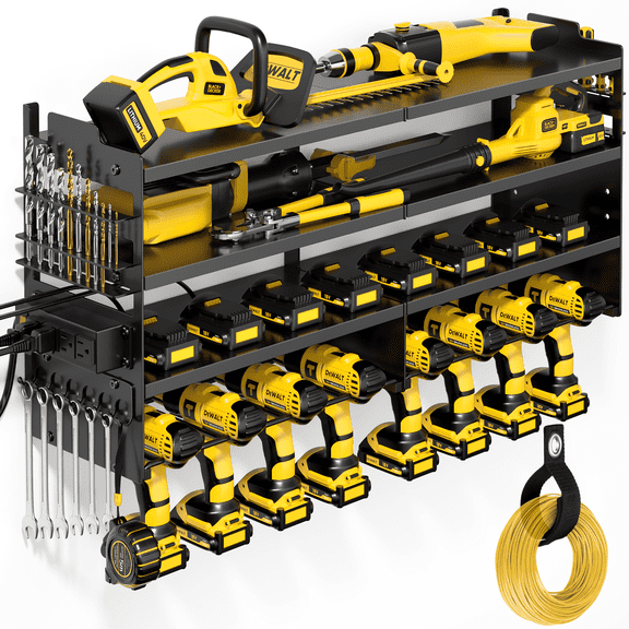 Power Tool Organizer Wall Mount with Charging Station, Heavy-Duty Wall-Mounted Utility Rack for Garage and Workshop, Power Tool Organizer with Surge Protection, 4 Outlets, and 6.56ft Cord