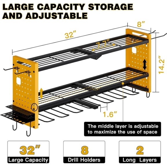 Power Tool Organizer Wall Mount,Cordless Drill Hanger Storage Rack 8 Drill Holder,3 Layers Heavy Duty Power Tool Storage Rack(Yellow)
