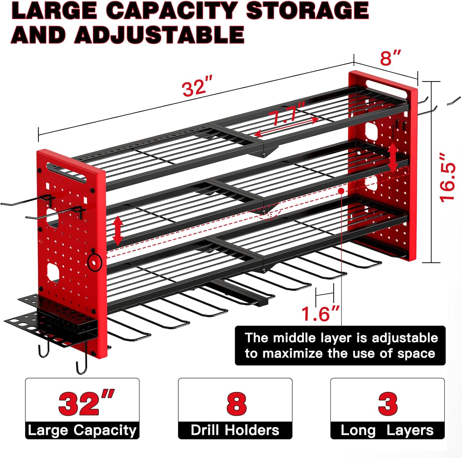 Machine Shop Drill Rack Power Tool Organizer Wall Mount, Cordless Drill Rack with 4 Layers ...