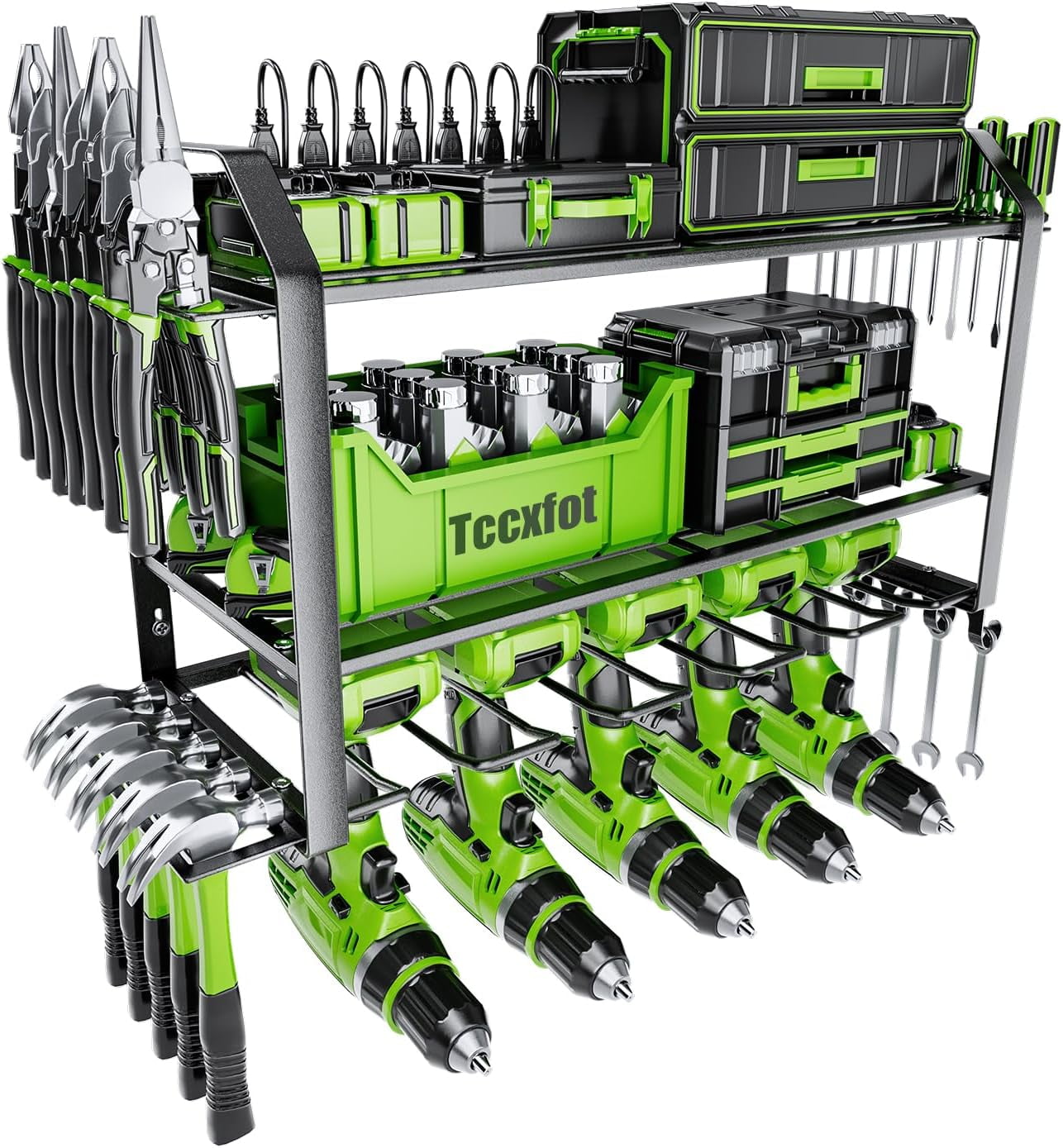 LBT Heavy Duty Wall Mount Tool Organizer Rack - 3 Tier With 7 Drill Holders, 160lb Load For Garage & Workshop