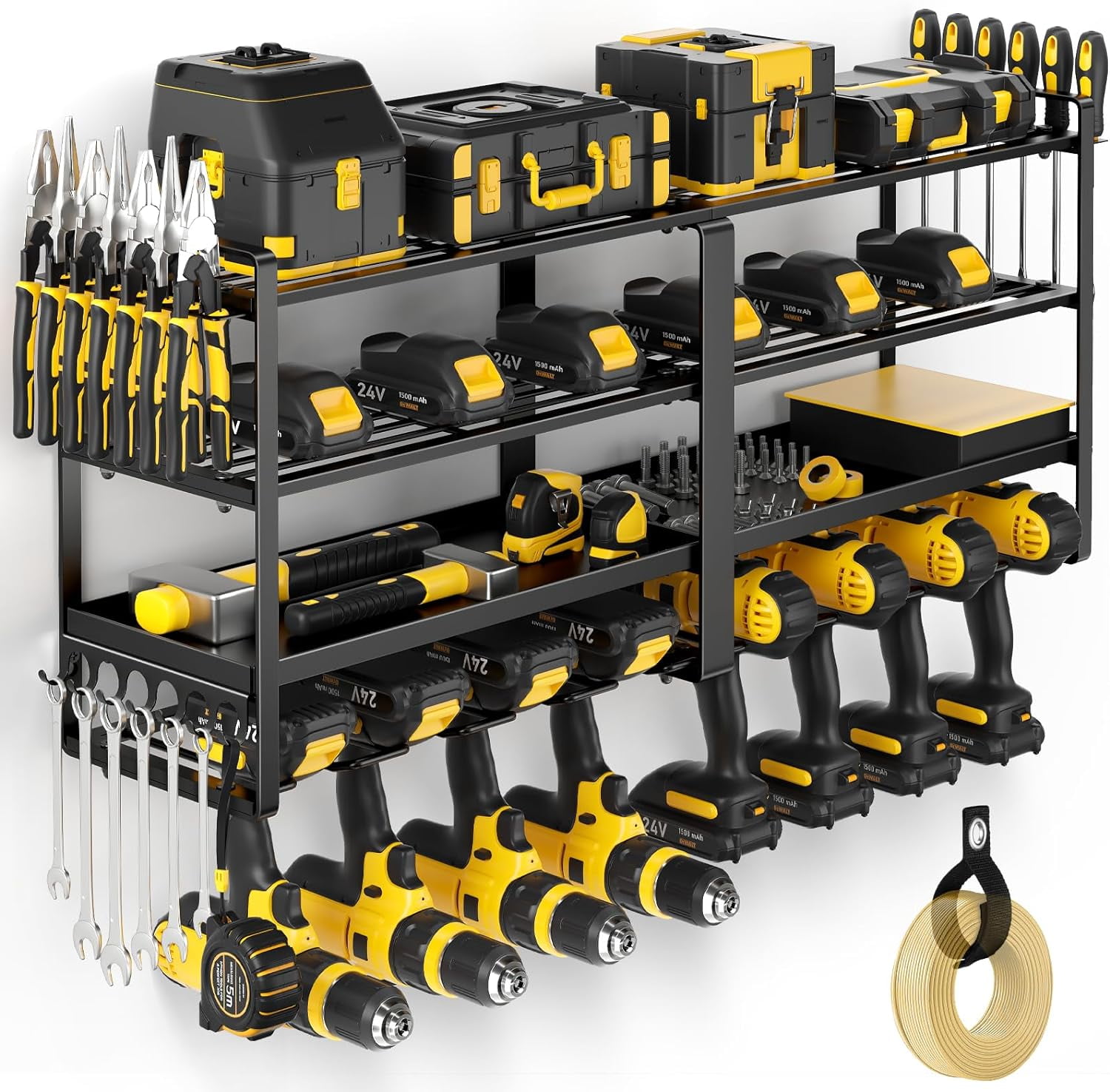 Heavy Duty Black Steel Wall Mounted Tool Organizer with 4 Shelves
