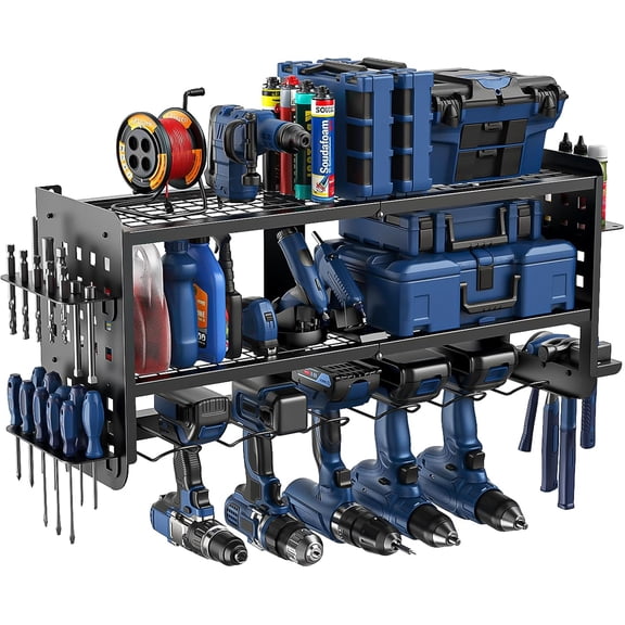 Power Tool Organizer Wall Mount - Heavy-Duty 50lbs Per Tier Steel Rack, Ventilated Grid, Drill/Hammer/Screwdriver Holders for Garage Storage