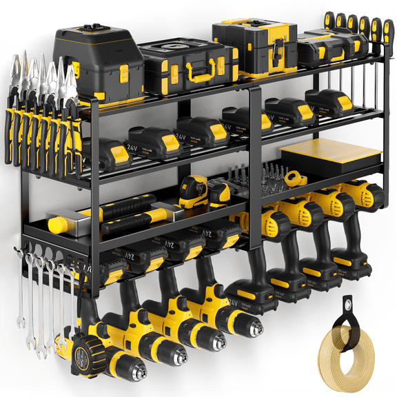 Power Tool Organizer Wall Mount, Heavy Duty Drill Holder, Garage Tool Organizer and Storage, Suitable Tool Rack for Tool Room, Workshop, Garage, Utility Storage Rack for Cordless Drill (4 Tier)