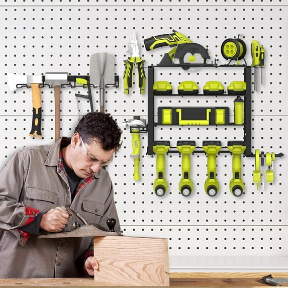 Power Tool Organizer Wall Mount, Heavy Duty Metal Drill Holder for Garage Storage with 5 Tiers and Hooks