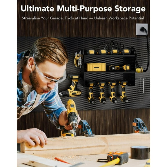Power Tool Organizer Wall Mount with 4 Outlet Charging Station | Heavy Duty 3-Tier Garage Storage  for Drills, Batteries, Tools | Gift for Men