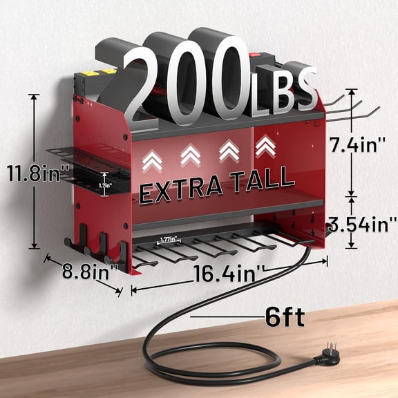 Power Tool Organizer Wall Mount with Charging Station, 4 Drill Holder, 8 Outlet Power Strip, Heavy Duty Tool