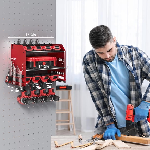 Power Tool Organizer Wall Mount with Charging Station, 4 Drill Holder, 8 Outlet Power Strip for Garage, Workshop, Tool Room