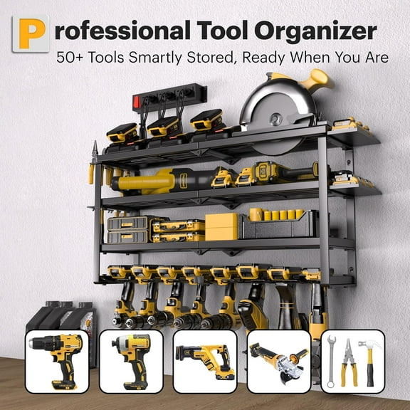 Power Tool Organizer Wall Mount with Charging Station, 4 Layer 8 Slots Cordless Drill Holder for Garage Storage, 6 Outlet Power Strip