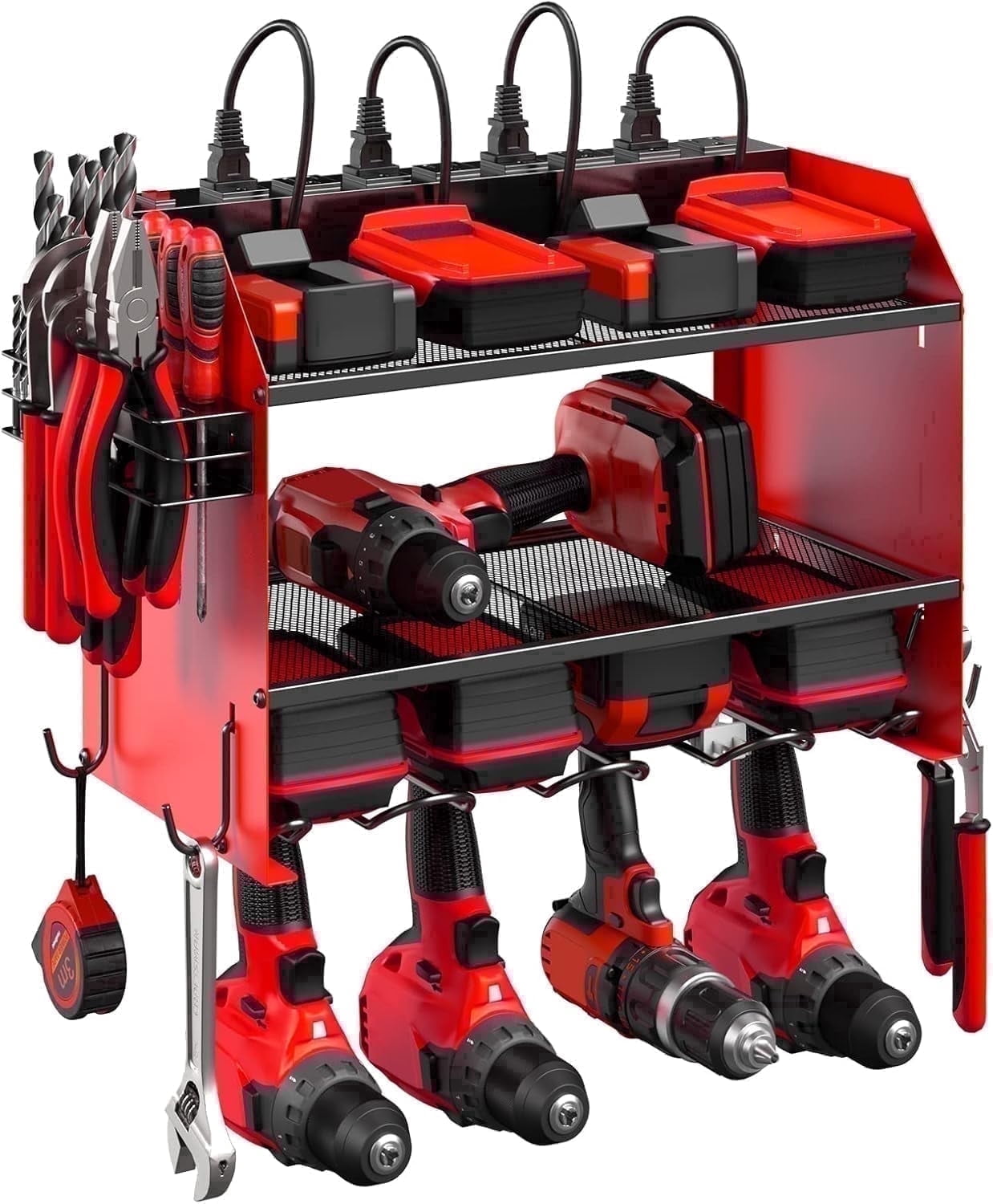 VILONG Modular Power Tool Organizer Wall Mount, Garage Organization Tool Storage Shelf,Heavy Duty Drill Battery Charger Station for Workshop,Gift for Men (Red)
