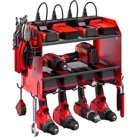 VILONG Modular Power Tool Organizer Wall Mount with Charging Station, 4 Drill Holder & Battery, Heavy Duty Storage Rack for Garage, Perfect Gift for Men, Red