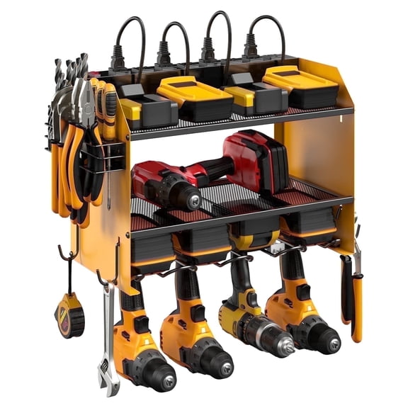 VILONG Modular Power Tool Organizer Wall Mount with Charging Station,Garage Heavy Duty Storage Rack,Drill Holds & Tool Battery,Built in 8 Outlet,Gift for Men,Yellow