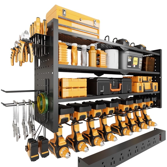 Power Tool Organizer Wall Mount with Charging Station. Garage Drill Storage Shelf with Hooks, Heavy Duty Rack, Tool Battery Holder Built in 8 Outlet