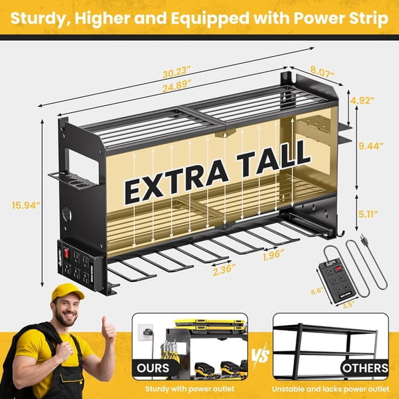 Power Tool Organizer Wall Mount with Charging Station, Heavy Duty Metal Storage Rack for Garage and Workshop, 5 Outlets