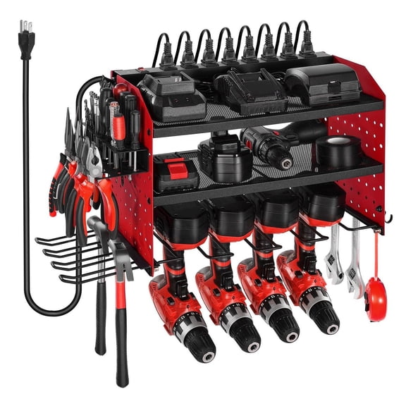 Power Tool Organizer with Charging Station, 3-Tier Drill Rack, Garage Tool Storage with Pegboard, 8 Outlet Power Strip, Workshop Wall Mount Organizer