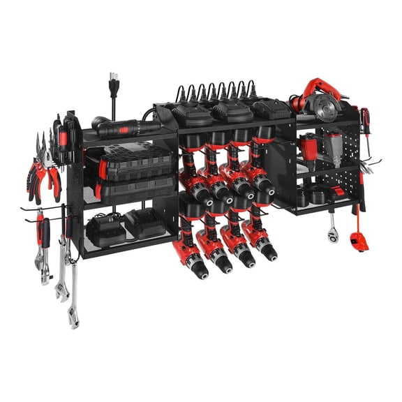 Power Tool Organizer with Charging Station, 3-Layer Tool Rack with 8 Outlets & Drill Holders, Garage Workshop Organizer for Batteries, Drills & Tools