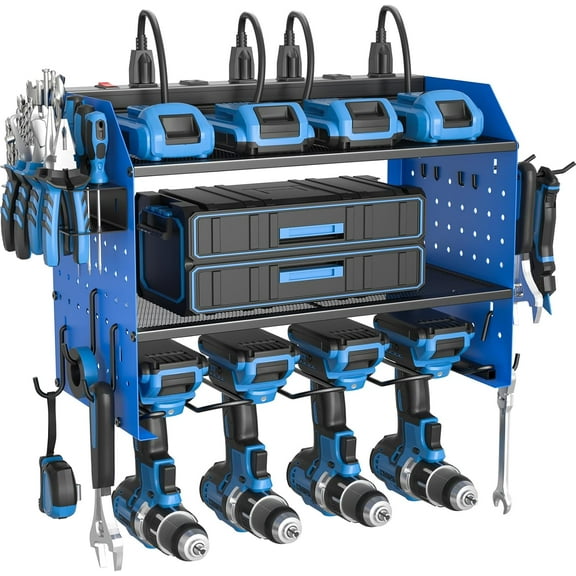 Power Tool Organizer with Charging Station 4-Layer Wall Mount Garage Shelf Rack with 6-Outlet Power Strip and Drill Bit Rack Blue