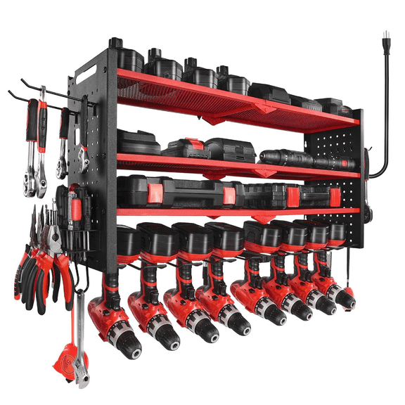 Power Tool Organizer with Charging Station, 4-Tier Drill Rack, Garage Tool Storage with 8 Outlets, Workbench Organizer, Workshop Accessories