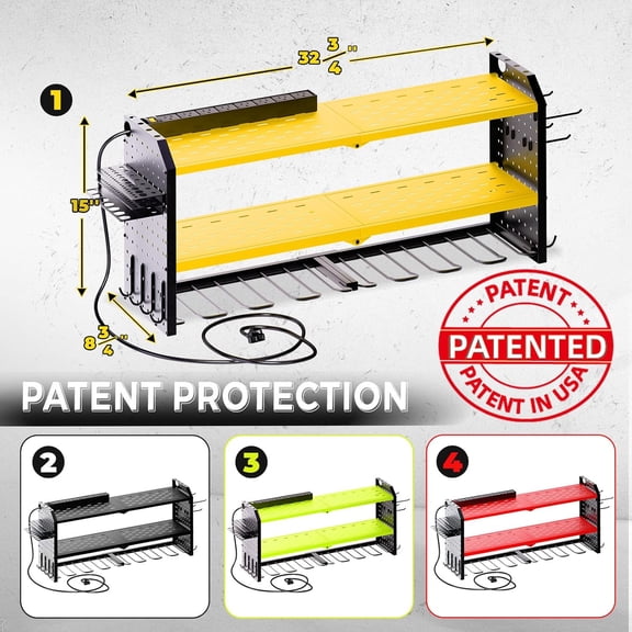 Power Tool Organizer with Charging Station, 8 Drill Holder Wall Mount, Heavy Duty Metal Storage Rack for Garage Yellow