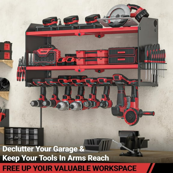 Power Tool Organizer with Charging Station, Wall Mount for Garage, Surge Protected Power Strip - Red Shelf