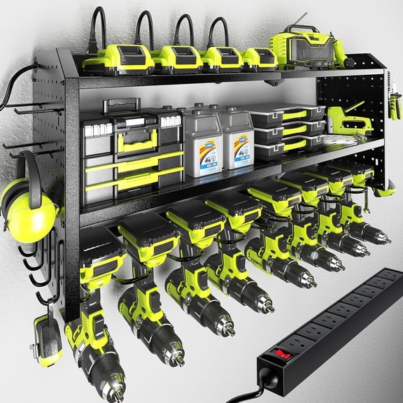 Power Tool Organizer with Charging Station and 8-Outlet Power Strip Wall Mount Metal Storage Rack for Garage Black 32 Inches