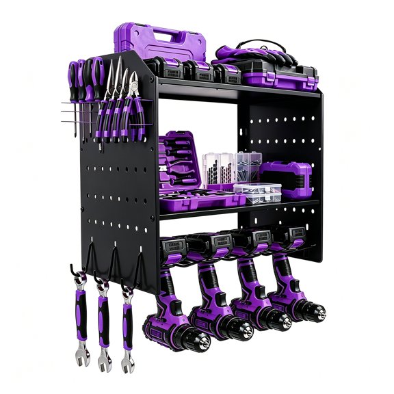 Power Tool Wall Mount, 3-Layer Drill Storage Shelf with Hooks,Screwdriver,Drill Bit Heavy Duty Rack, Utility Tool Shelves for Workshop or Garage Black
