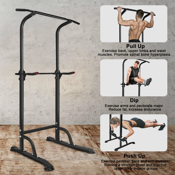 Power Tower Dip Station Pull Up Bar, Height Adjustable 66.5-82.7 Inch, 330 LBS Capacity, with Detachable Bench for Home Gym, Strength Training Equipment for Pull Ups, Dips, Push Ups