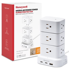 Honeywell Power Tower Modular Charging Station, 15 AC Outlets, 3 USB Ports (1 USB-A, 2 USB-C 20W PD), 900 Joules Surge Protector, 4ft Extension Cord, White