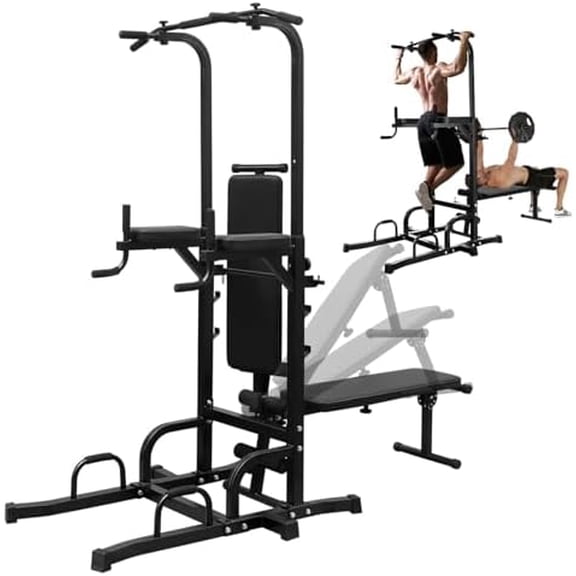 Power Tower Pull Up Bar for Home Gym, Multi Functional Pull Up Bar Stand Dip Bar Station with Weight Bench, Adjustable Height Workout Dip Station Strength Training Fitness Equipment