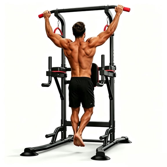 Power Tower Pull Up Bar Station with Suction Cup Stabilizers Extra Large 13.4 in Backrest Dip Stand, Curved Base for Solid Floor Grip, Fully Height Adjustable Heavy Duty Home Gym Strength Training