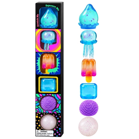 Power Tower Squishy Fidget Toy Set, 6 Assorted Squeeze Toys with Cube, Crunchy, Textured, Glow and Change Styles, Ages 3+ Christmas Stocking Stuffers