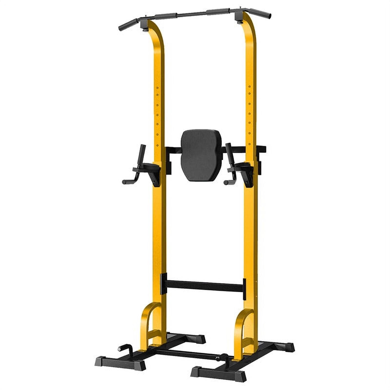 Power Tower with Push up Bars Pull up Bars Dip Bar Armrest Back Cushion Upper Body Strength Training Fitness Equipment Adjustable Frame Yellow