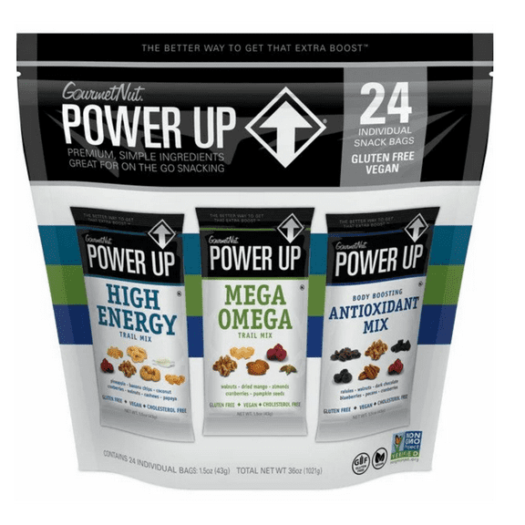 Power Up Trail Mix Variety Pack Mega Omega, High Energy & Antioxidant Mix- Non-GMO, Vegan, Gluten Free,Gourmet Nut,Healthy Convenient On the Go Snacking & Holiday Treats(1.5oz. x 24 ct)