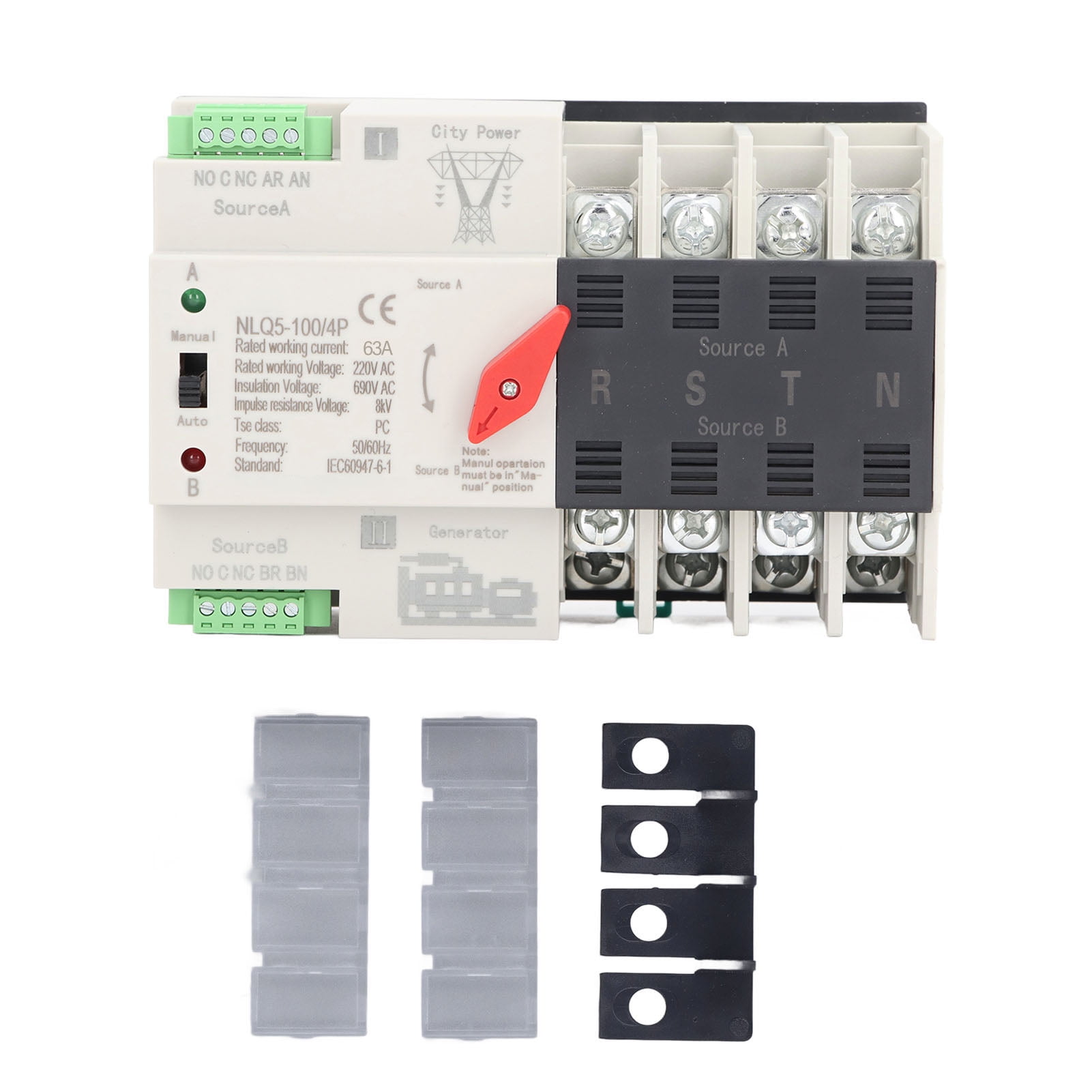 Power Transfer Switch, AC220V Dual Power Automatic Transfer Switch 4P Millisecond Switching Generator Changeover Switch ATS (63A)