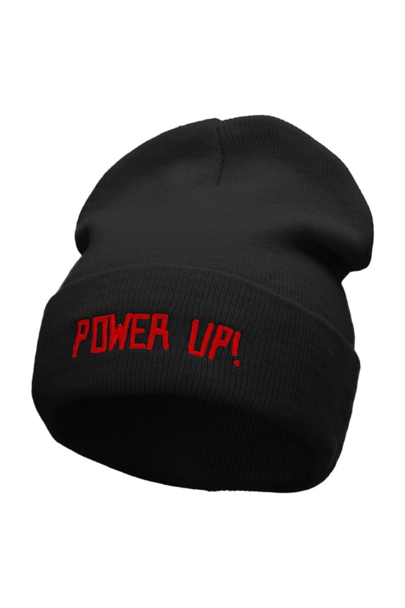 Power Up Embroidered 12 inch Acrylic Cuffed Long Beanie - Black OSFM